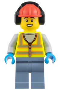 Airport Worker Minifigure - Male airport worker wearing a neon yellow safety vest with reflective stripes, red construction helmet with black ear protectors/headphones, and sand blue legs - cty2007
