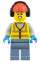 Male airport worker wearing a neon yellow safety vest with reflective stripes, red construction helmet with black ear protectors/headphones, and sand blue legs - cty2007