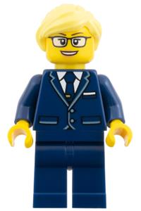 Passenger Plane Pilot Minifigure - Female passenger plane pilot with a dark blue suit and tie and a bright light yellow ponytail - cty2008
