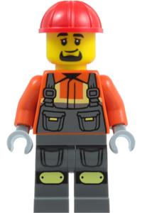 Construction Worker Minifigure - Male construction worker, goatee; dark bluish gray overalls over reddish orange safety jacket with reflective stripes; dark bluish gray legs with knee pads; red helmet - cty2009