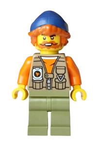 Fisherman Minifigure - Fisherman with dark orange hair, dark blue beanie, dark tan vest over orange shirt and olive green legs - cty2013