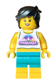 Female surfer with short tousled black hair wearing a white cropped tank top and dark turquoise shorts - cty2014