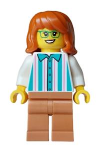 Female Ice Cream Vendor Minifigure - Female ice cream vendor with dark orange hair, green glasses, a white shirt with dark turquoise stripes and medium nougat legs - cty2015