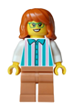 Female ice cream vendor with dark orange hair, green glasses, a white shirt with dark turquoise stripes and medium nougat legs - cty2015