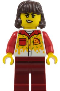 Pizza Delivery Driver Minifigure - Female pizza delivery driver with dark brown mid-length hair and dark red legs - cty2016