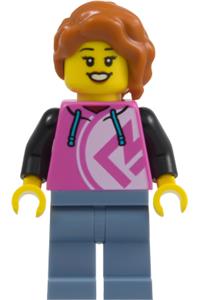 Pizza Restaurant Patron Minifigure - Female Pizza Restaurant Patron with dark orange hair wearing a dark pink hoodie and sand blue legs - cty2019