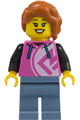 Female Pizza Restaurant Patron with dark orange hair wearing a dark pink hoodie and sand blue legs - cty2019