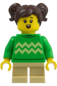 Child Girl Minifigure - Girl child with dark brown pigtails, a hearing aid, bright green sweater with bright light yellow zigzag lines and tan short legs - cty2020