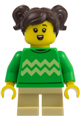 Girl child with dark brown pigtails, a hearing aid, bright green sweater with bright light yellow zigzag lines and tan short legs - cty2020