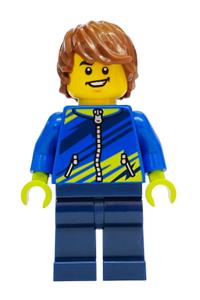 Mountain Bike Cyclist Minifigure - Male mountain bike cyclist with reddish brown hair, blue jacket with dark blue and lime diagonal stripes and dark blue legs - cty2021