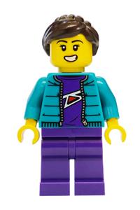 Mountain Bike Cyclist Minifigure - Female mountain bike cyclist with a dark brown ponytail wearing a dark turquoise jacket and dark purple legs - cty2022