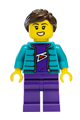 Female mountain bike cyclist with a dark brown ponytail wearing a dark turquoise jacket and dark purple legs - cty2022