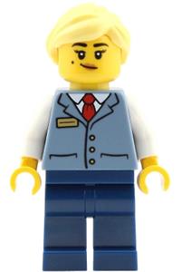 Station Master Minifigure - Female station master wearing a sand blue vest over a white shirt, with dark blue legs and a bright light yellow ponytail - cty2023