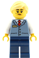 Female station master wearing a sand blue vest over a white shirt, with dark blue legs and a bright light yellow ponytail - cty2023