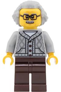 Male Passenger Minifigure - Male passenger with light bluish gray hair swept back wearing a light bluish gray knit cable cardigan sweater and dark brown legs - cty2024