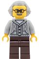 Male passenger with light bluish gray hair swept back wearing a light bluish gray knit cable cardigan sweater and dark brown legs - cty2024