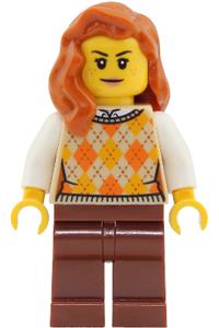 Female Passenger Minifigure - Female passenger with a tan knit argyle sweater vest, reddish brown legs and dark orange hair - cty2025