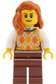 Female passenger with a tan knit argyle sweater vest, reddish brown legs and dark orange hair - cty2025