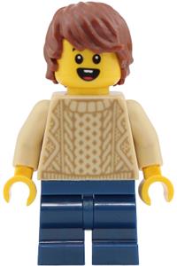 Boy Passenger Minifigure - Passenger boy with a tan knit cable sweater, dark blue medium legs and reddish brown tousled hair - cty2026