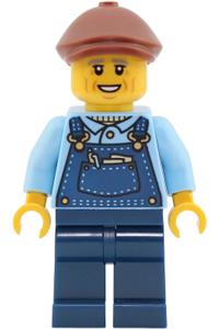 Train Driver Minifigure - Train Driver - Male, Bright Light Blue Shirt, Dark Blue Overalls and Legs, Reddish Brown Flat Cap - cty2027