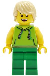 Male Lava Land Patron Minifigure - Male Lava Land Patron with tan hair wearing a lime sleeveless hoodie and green legs - cty2028