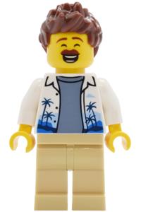 Male Lava Land Patron Minifigure - Male Lava Land Patron with reddish brown hair wearing a white Hawaiian shirt and tan legs - cty2030