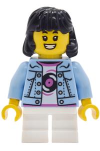 Girl Lava Land Patron Minifigure - Child girl Lava Land Patron with black hair, bright light blue denim jacket over a shirt with a record and white short legs - cty2031