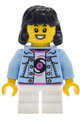 Child girl Lava Land Patron with black hair, bright light blue denim jacket over a shirt with a record and white short legs - cty2031