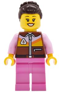 Female Lava Land Patron Minifigure - Female Lava Land Patron with dark brown hair wearing a reddish brown jacket and dark pink legs - cty2032