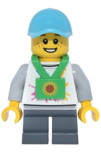 Boy Lava Land Patron Minifigure - Male child Lava Land Patron wearing a white shirt with mountains logo, lanyard, medium azure cap, dark bluish gray short legs - cty2033