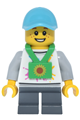 Male child Lava Land Patron wearing a white shirt with mountains logo, lanyard, medium azure cap, dark bluish gray short legs - cty2033