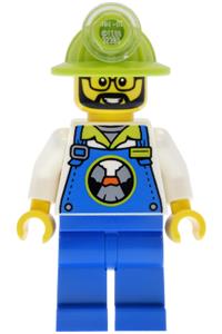 Lava Land Worker Minifigure - Male Lava Land Worker with blue overalls and legs and a lime mining helmet - cty2034