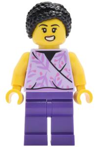Female Lava Land Patron Minifigure - Female Lava Land Patron with black hair, wearing a lavender sleeveless top and dark purple legs - cty2035