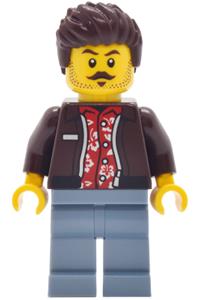 Car Wash Patron Minifigure - Male Car Wash Patron with dark brown hair wearing a dark brown jacket over a red Hawaiian shirt and sand blue legs - cty2036