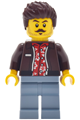Male Car Wash Patron with dark brown hair wearing a dark brown jacket over a red Hawaiian shirt and sand blue legs - cty2036