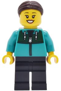 Car Wash Patron Minifigure - Female Car Wash Patron with dark brown hair wearing a dark turquoise track suit and black legs - cty2037