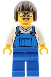 Truck Driver Minifigure - Female truck driver with dark brown bob cut hair and glasses, wearing blue overalls over V-neck shirt and blue legs - cty2039