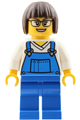 Female truck driver with dark brown bob cut hair and glasses, wearing blue overalls over V-neck shirt and blue legs - cty2039