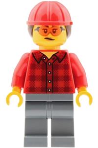 Mobile Crane Operator Minifigure - Female mobile crane operator with red plaid flannel shirt, dark bluish gray legs, red construction helmet with dark brown ponytail hair and safety glasses - cty2040