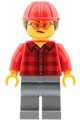 Female mobile crane operator with red plaid flannel shirt, dark bluish gray legs, red construction helmet with dark brown ponytail hair and safety glasses - cty2040