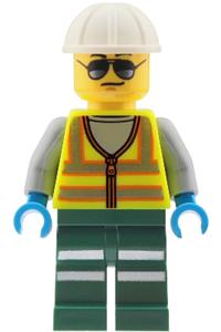 Train Worker Minifigure - Male train worker wearing a neon yellow safety vest with reflective stripes, dark green legs with reflective stripes, a white construction helmet and sunglasses - cty2041
