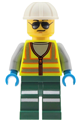 Male train worker wearing a neon yellow safety vest with reflective stripes, dark green legs with reflective stripes, a white construction helmet and sunglasses - cty2041
