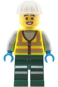 Train Worker Minifigure - Male train worker with neon yellow safety vest with reflective stripes, dark green legs with reflective stripes, white construction helmet, sweat drops - cty2042