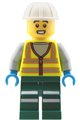 Male train worker with neon yellow safety vest with reflective stripes, dark green legs with reflective stripes, white construction helmet, sweat drops - cty2042