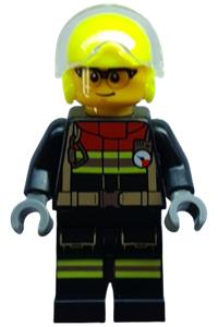 Firefighter Male Minifigure - Male fire minifig with a black jacket and legs with reflective stripes and red collar, neon yellow flight helmet and trans-clear visor - cty2043