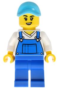 Female car wash worker Minifigure - Female car wash worker wearing a medium azure hat and blue overalls with matching blue legs - cty2044