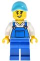 Female car wash worker wearing a medium azure hat and blue overalls with matching blue legs - cty2044