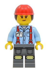 Construction Worker Minifigure - Female construction worker with dark brown ponytail, red construction helmet, bright light blue shirt with red suspenders, and dark bluish gray legs with knee pads - cty2045