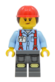 Female construction worker with dark brown ponytail, red construction helmet, bright light blue shirt with red suspenders, and dark bluish gray legs with knee pads - cty2045