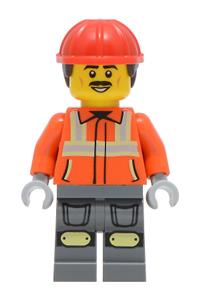 Construction Worker Minifigure - Male construction worker with a reddish orange safety jacket with reflective stripes, dark bluish gray legs with knee pads, red helmet, dark brown short curly hair, moustache - cty2046